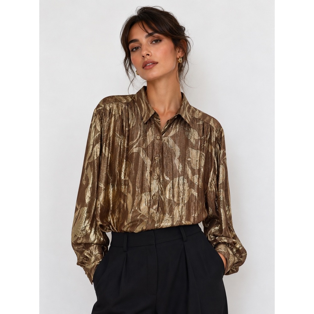 Nina Ricci Blouse Womens 16 Bronze Gold Metallic Lurex 80s Vintage Glam Disco